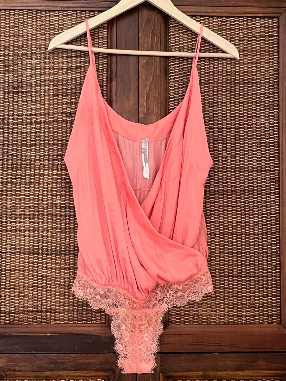 Intimately Free People silky faux wrap bodysuit top teddies coral S NWOT.